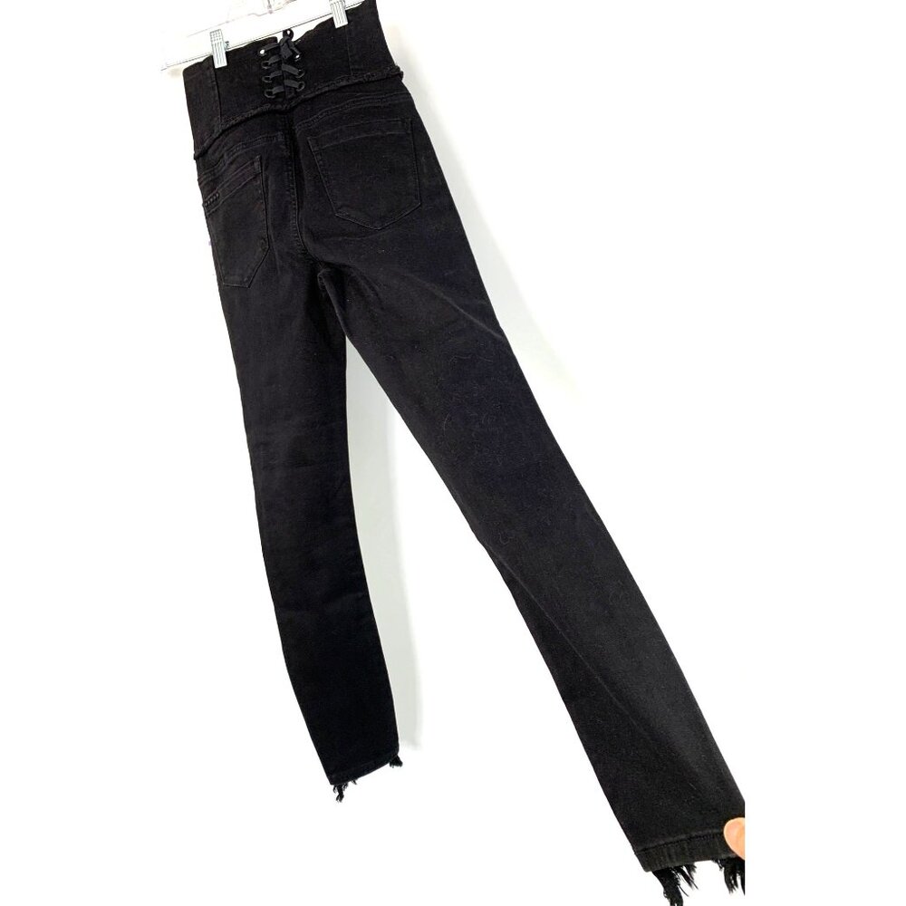 Blanknyc Corset High Rise Skinny Black Denim Jeans Raw Shark Bite Hem Sz 26 NWT